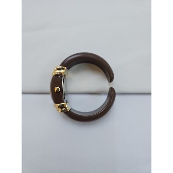 Gruen Womens Wrist Watch Brown Hard Bracelet Band Gold Details White Face Quartz - Picture 4 of 7